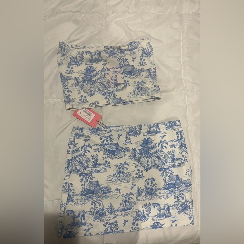 BRAND NEW WITH TAGS!! Edikted blue and white set. Small Top Medium skirt.